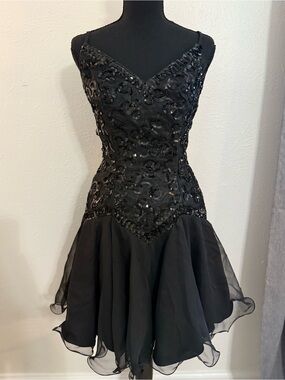 Vintage Black Beaded Spaghetti-Strap Mini Dress